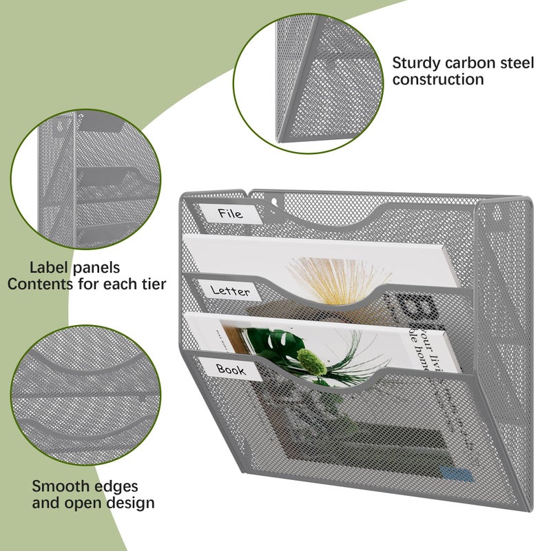 EasyPAG 3 Pocket Mesh Wall File Organizer, Hanging Paper Folder Holder with Classify Label, Vertical Wall Mount Mail Organizer for Office Home Classroom, Silver - Image 3